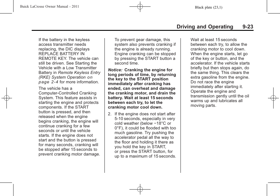 Driving and operating 9-23 | Buick 2011 Lacrosse User Manual | Page 261 / 446