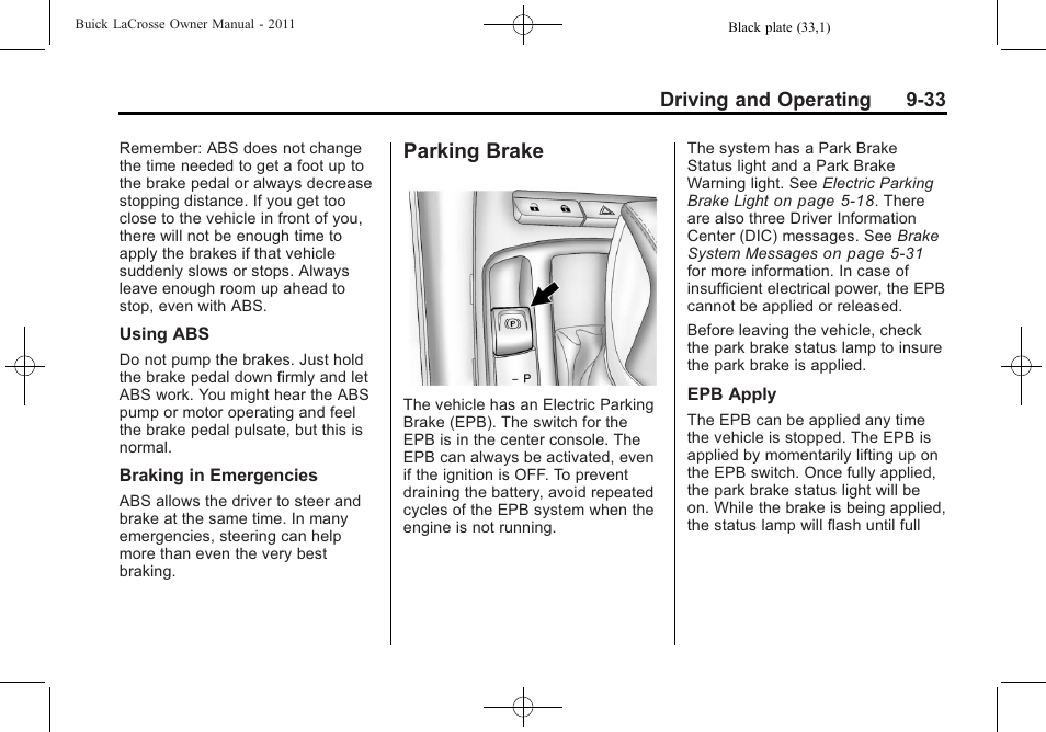 Parking brake, Parking brake -33 | Buick 2011 Lacrosse User Manual | Page 271 / 446