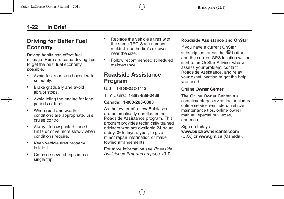 Driving for better fuel economy, Roadside assistance program, Driving for better fuel | Economy -22, Roadside assistance, Program -22, 22 in brief | Buick 2011 Lacrosse User Manual | Page 28 / 446