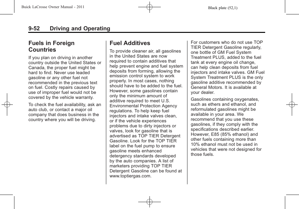 Fuels in foreign countries, Fuel additives, Fuels in foreign countries -52 fuel additives -52 | Buick 2011 Lacrosse User Manual | Page 290 / 446