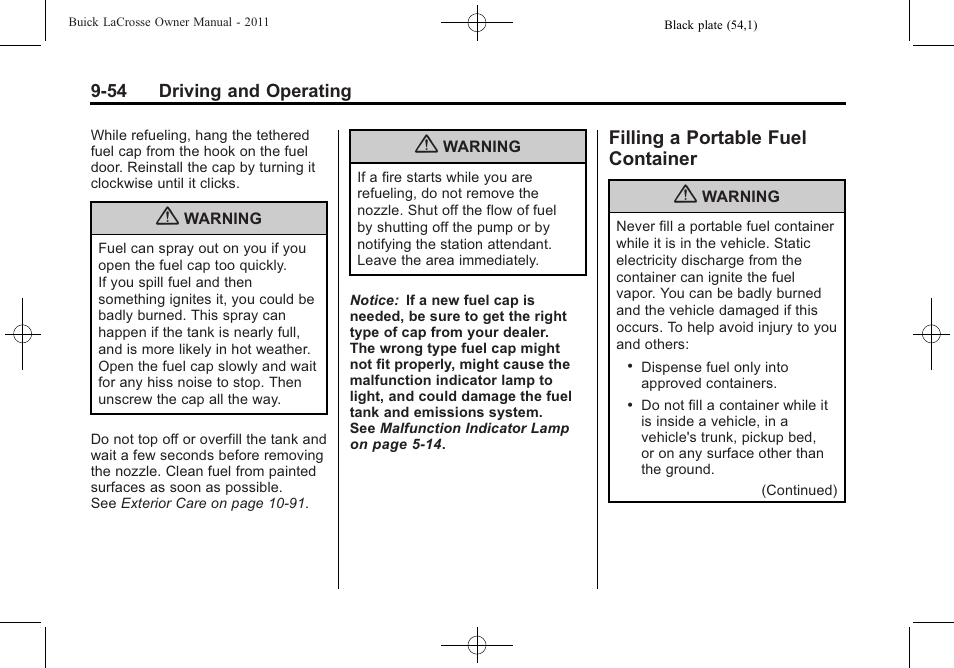 Filling a portable fuel container, Filling a portable fuel, Container -54 | Buick 2011 Lacrosse User Manual | Page 292 / 446