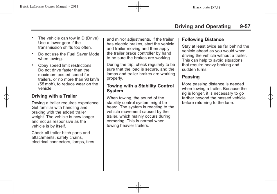 Driving and operating 9-57 | Buick 2011 Lacrosse User Manual | Page 295 / 446