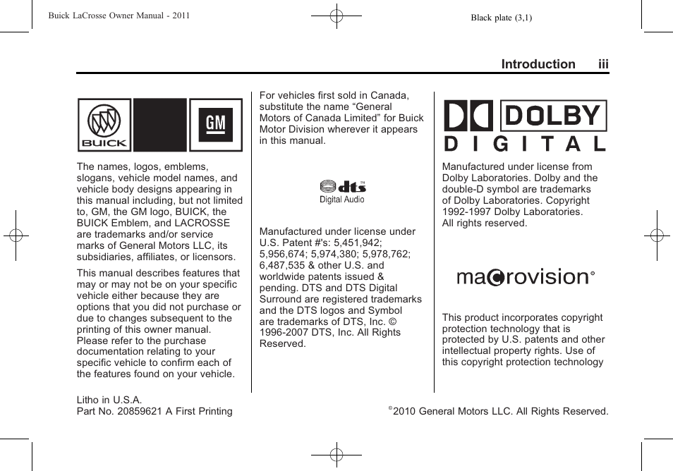 Introduction, Introduction iii | Buick 2011 Lacrosse User Manual | Page 3 / 446