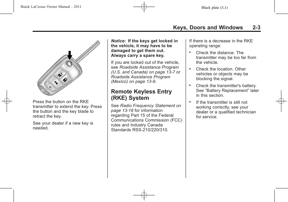 Remote keyless entry (rke) system, Remote keyless entry (rke), System -3 | Keys, doors and windows 2-3 | Buick 2011 Lacrosse User Manual | Page 33 / 446