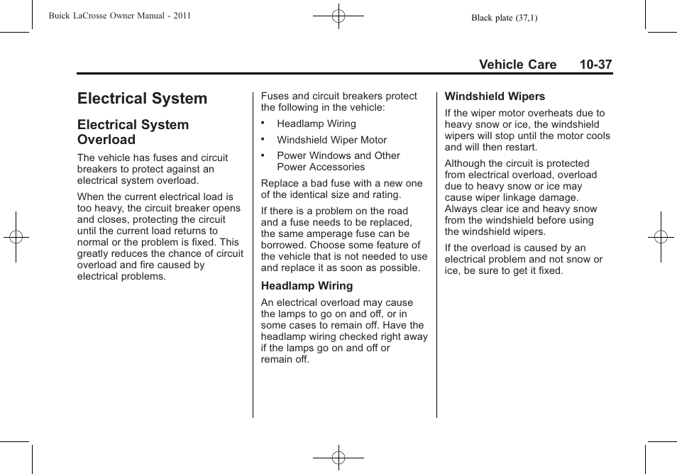 Electrical system, Electrical system overload, Electrical system -37 | Customer information, Overload -37, Vehicle care 10-37 | Buick 2011 Lacrosse User Manual | Page 337 / 446