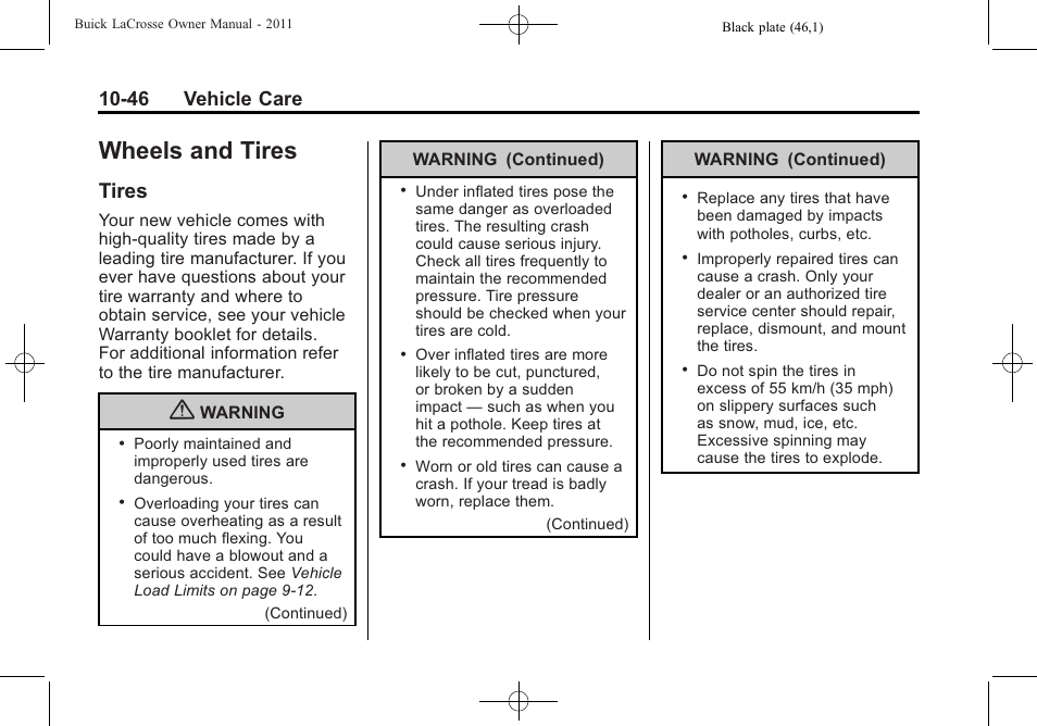 Wheels and tires, Tires, Wheels and tires -46 | Reporting safety defects -15, Tires -46, 46 vehicle care | Buick 2011 Lacrosse User Manual | Page 346 / 446