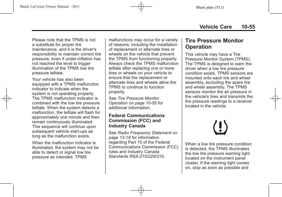 Tire pressure monitor operation, Tire pressure monitor, Operation -55 | Jump | Buick 2011 Lacrosse User Manual | Page 355 / 446