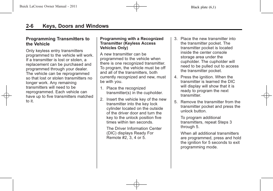 6 keys, doors and windows | Buick 2011 Lacrosse User Manual | Page 36 / 446