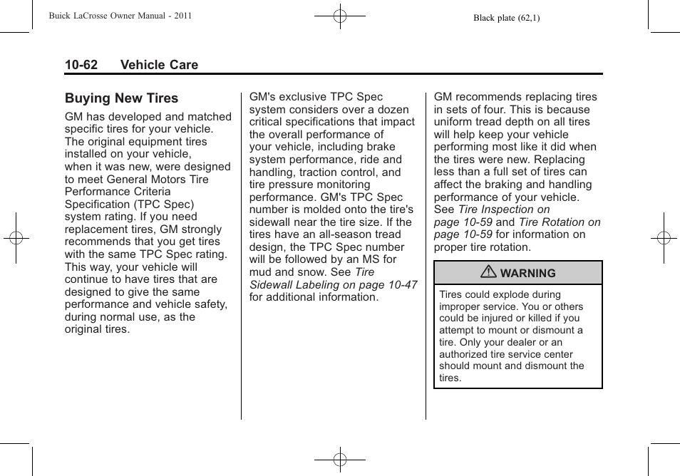 Buying new tires, Buying new tires -62 | Buick 2011 Lacrosse User Manual | Page 362 / 446