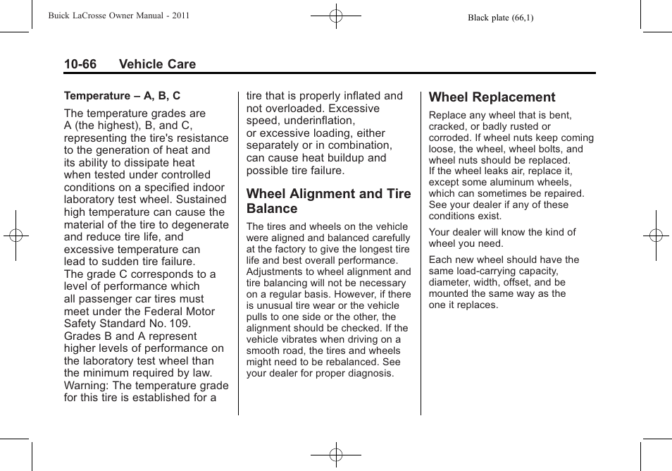 Wheel alignment and tire balance, Wheel replacement, Wheel alignment and tire | Balance -66, Wheel replacement -66, General | Buick 2011 Lacrosse User Manual | Page 366 / 446