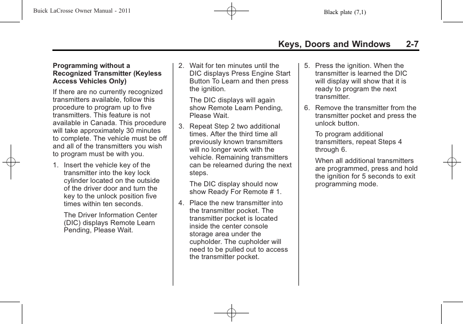 Keys, doors and windows 2-7 | Buick 2011 Lacrosse User Manual | Page 37 / 446