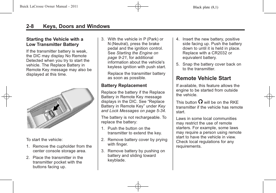 Remote vehicle start, Remote vehicle start -8, 8 keys, doors and windows | Buick 2011 Lacrosse User Manual | Page 38 / 446