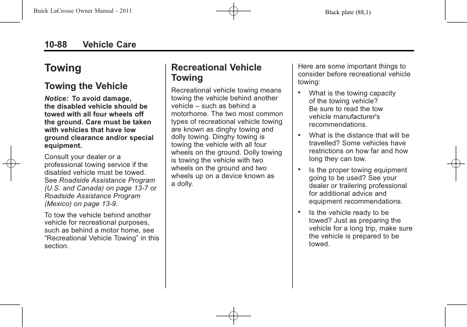 Towing, Towing the vehicle, Recreational vehicle towing | Towing -88, Privacy, Towing the vehicle -88 recreational vehicle, 88 vehicle care | Buick 2011 Lacrosse User Manual | Page 388 / 446