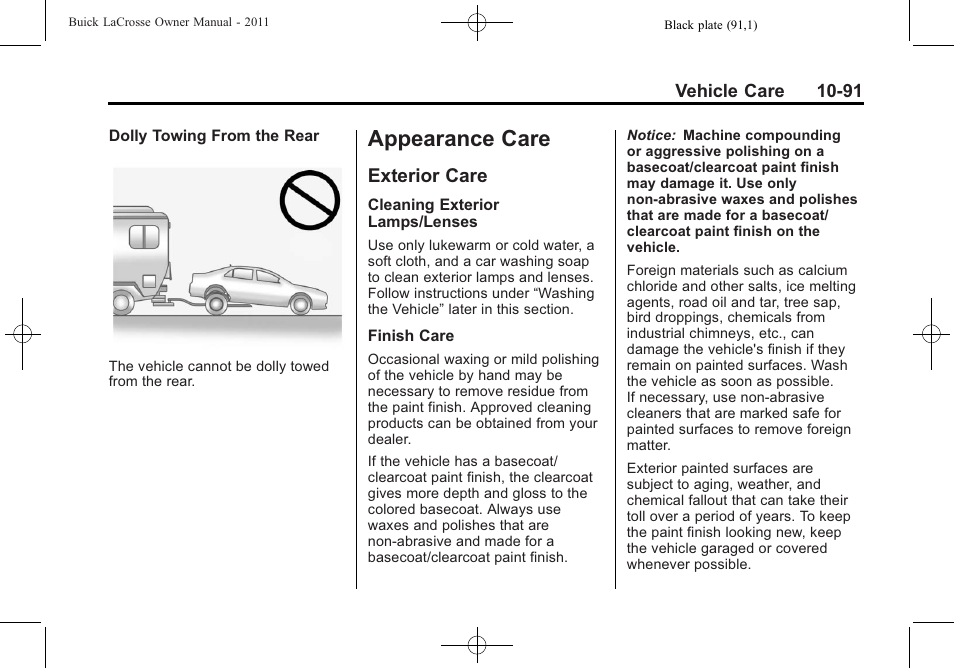 Appearance care, Exterior care, Appearance care -91 | Exterior care -91 | Buick 2011 Lacrosse User Manual | Page 391 / 446