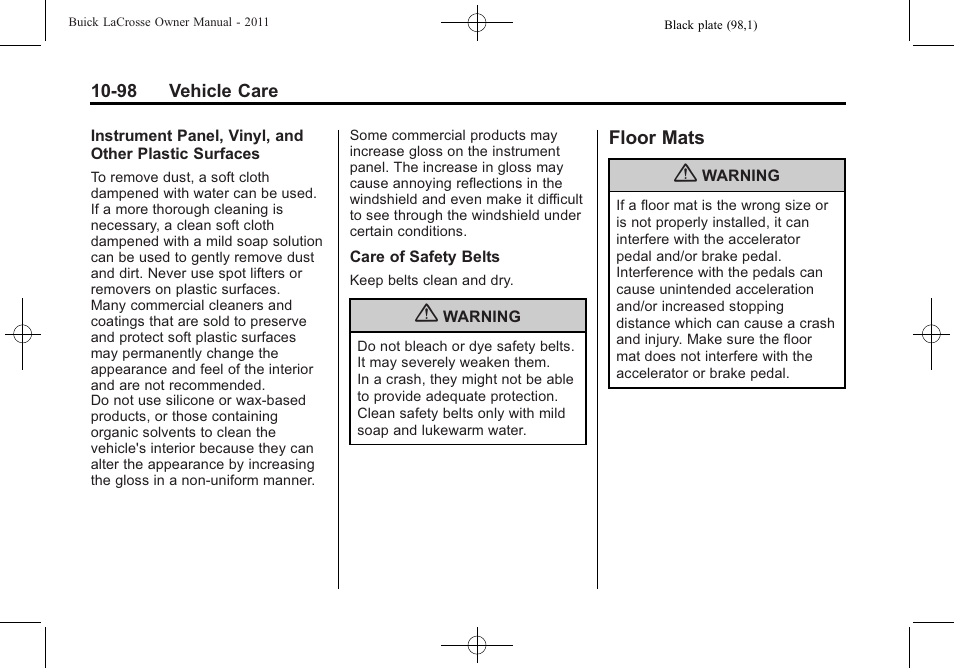 Floor mats, Mats -98 | Buick 2011 Lacrosse User Manual | Page 398 / 446