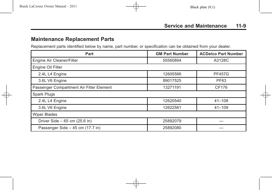 Maintenance replacement parts, Maintenance replacement, Parts -9 | Service and maintenance 11-9 | Buick 2011 Lacrosse User Manual | Page 409 / 446