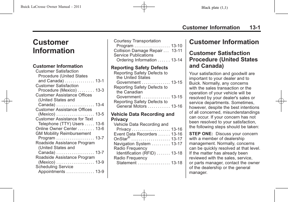 Customer information, Customer information 13-1 | Buick 2011 Lacrosse User Manual | Page 417 / 446