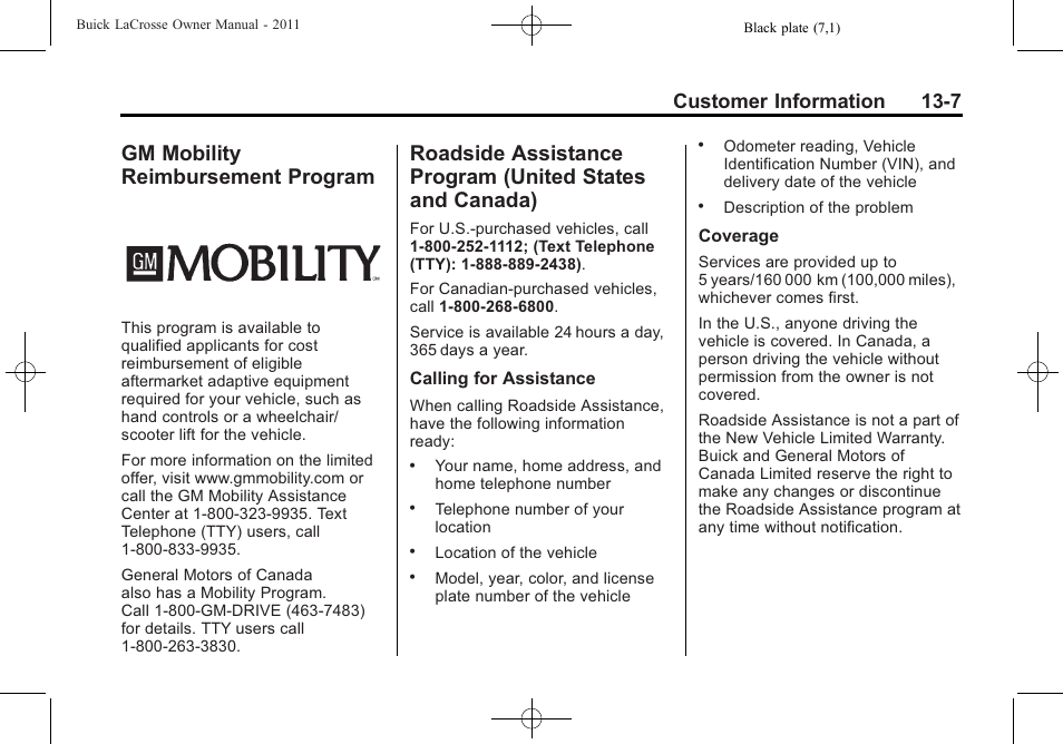 Gm mobility reimbursement program, Gm mobility reimbursement, Program -7 | Roadside assistance program, United states and canada) -7, Identification, Customer information 13-7 | Buick 2011 Lacrosse User Manual | Page 423 / 446