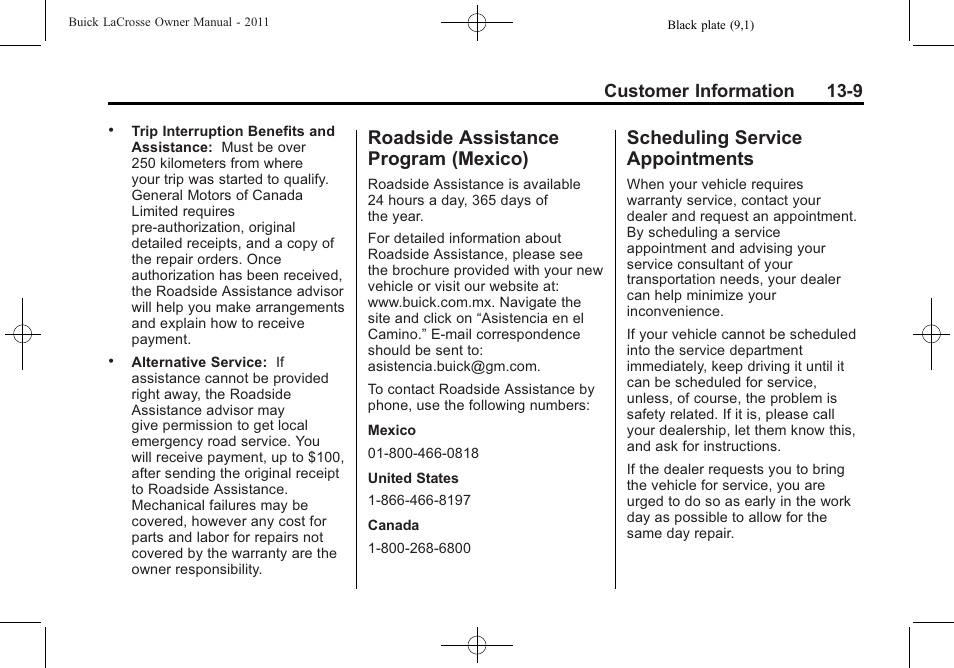 Roadside assistance program (mexico), Scheduling service appointments, Roadside assistance program | Mexico) -9, Scheduling service, Appointments -9, Customer information 13-9 | Buick 2011 Lacrosse User Manual | Page 425 / 446