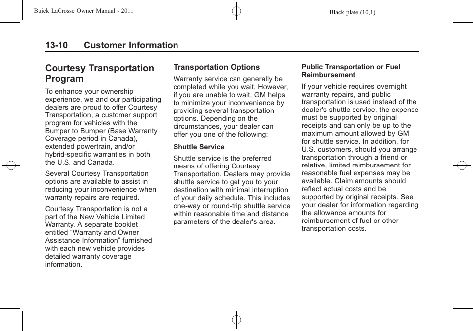 Courtesy transportation program, Courtesy transportation, Program -10 | Buick 2011 Lacrosse User Manual | Page 426 / 446