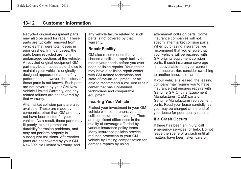 12 customer information | Buick 2011 Lacrosse User Manual | Page 428 / 446