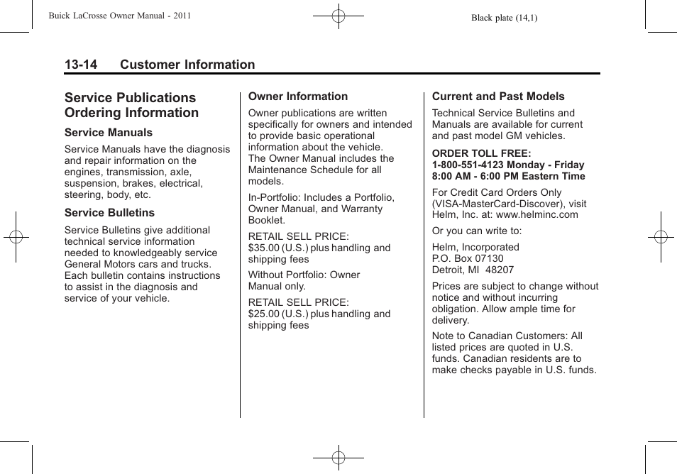 Service publications ordering information, Service publications, Ordering information -14 | Procedure | Buick 2011 Lacrosse User Manual | Page 430 / 446