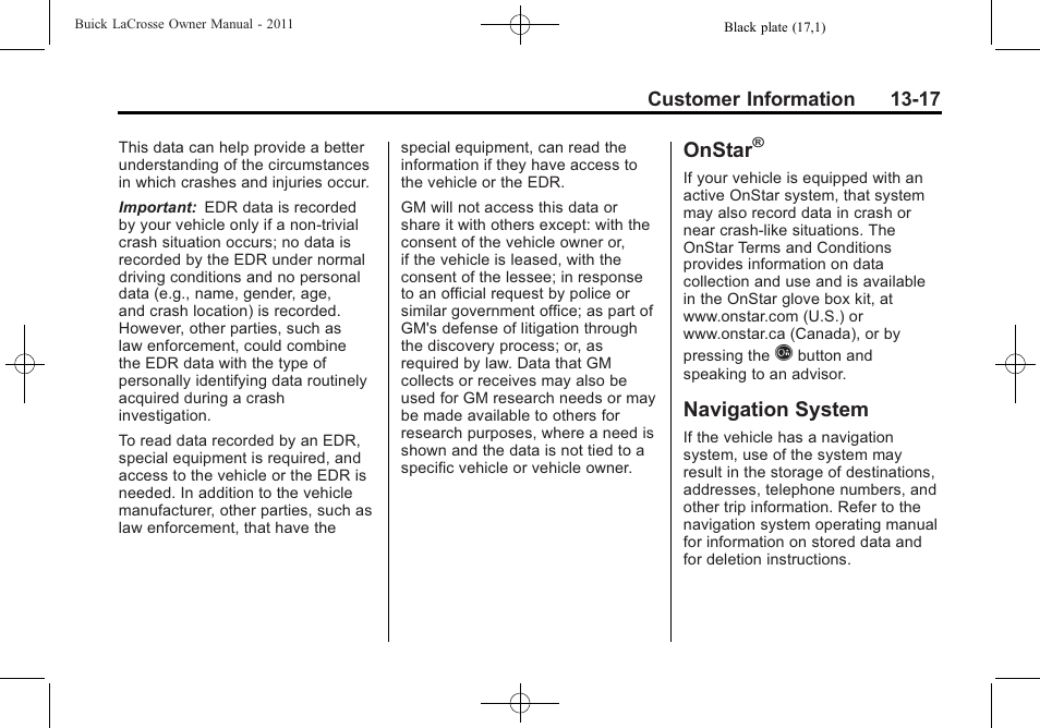 Onstar, Navigation system, Navigation system -17 | Buick 2011 Lacrosse User Manual | Page 433 / 446