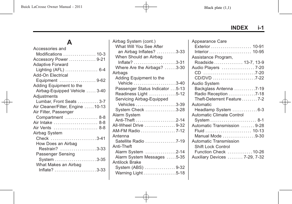 Index, Index_a, Index i-1 | Buick 2011 Lacrosse User Manual | Page 435 / 446