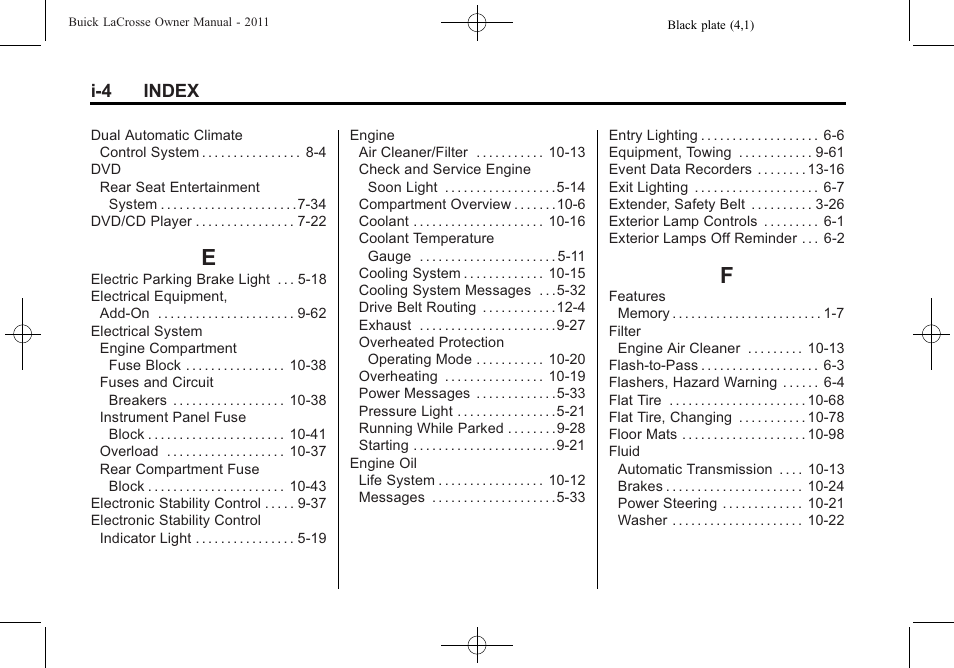 Index_e, Index_f, I-4 index | Buick 2011 Lacrosse User Manual | Page 438 / 446