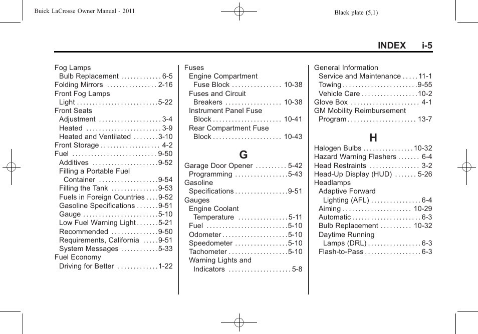 Index_g, Index_h, Index i-5 | Buick 2011 Lacrosse User Manual | Page 439 / 446