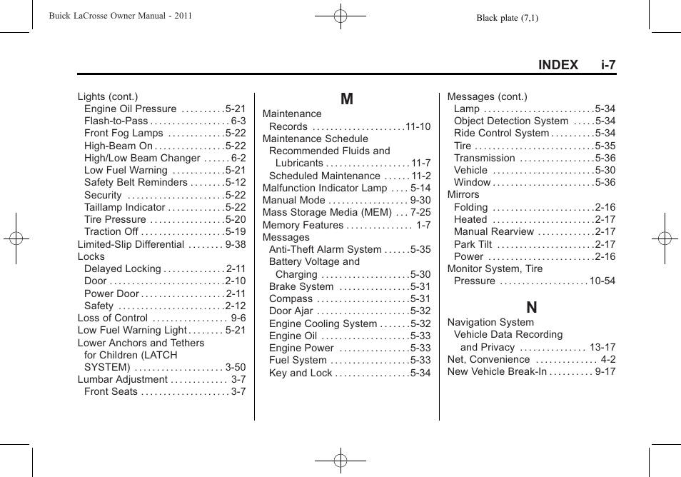 Index_m, Index_n | Buick 2011 Lacrosse User Manual | Page 441 / 446