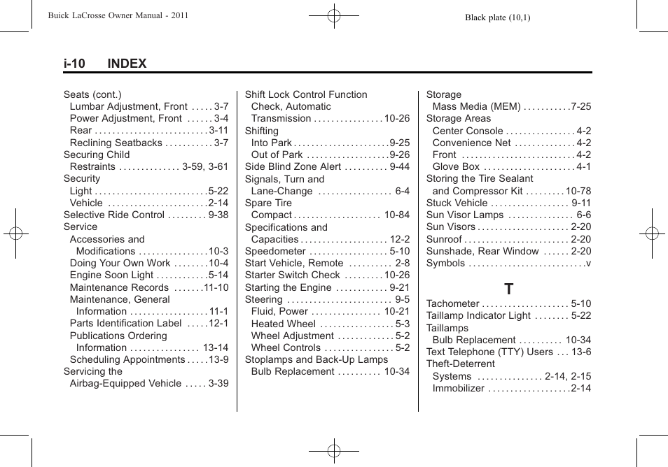 Index_t, I-10 index | Buick 2011 Lacrosse User Manual | Page 444 / 446