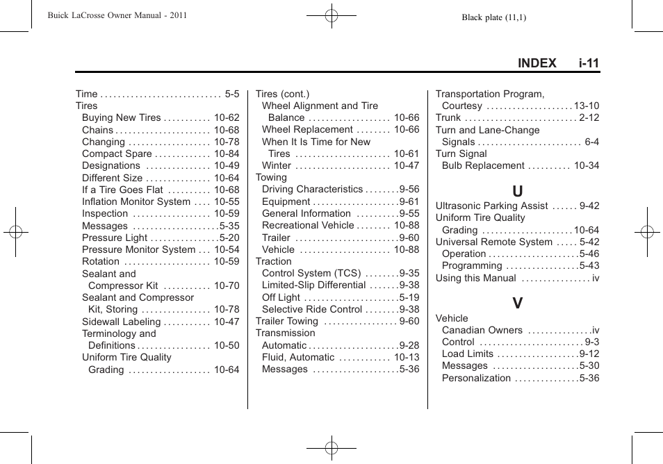 Index_u, Index_v, Index i-11 | Buick 2011 Lacrosse User Manual | Page 445 / 446