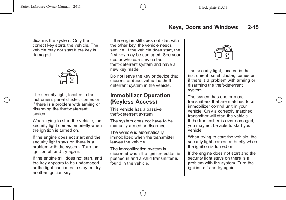 Immobilizer operation (keyless access), Immobilizer operation, Keyless access) -15 | Keys, doors and windows 2-15 | Buick 2011 Lacrosse User Manual | Page 45 / 446