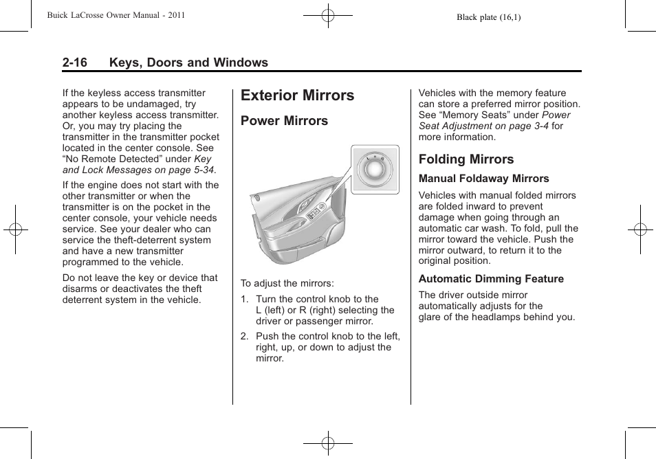 Exterior mirrors, Power mirrors, Folding mirrors | Exterior mirrors -16, Universal remote, Power mirrors -16 folding mirrors -16 | Buick 2011 Lacrosse User Manual | Page 46 / 446