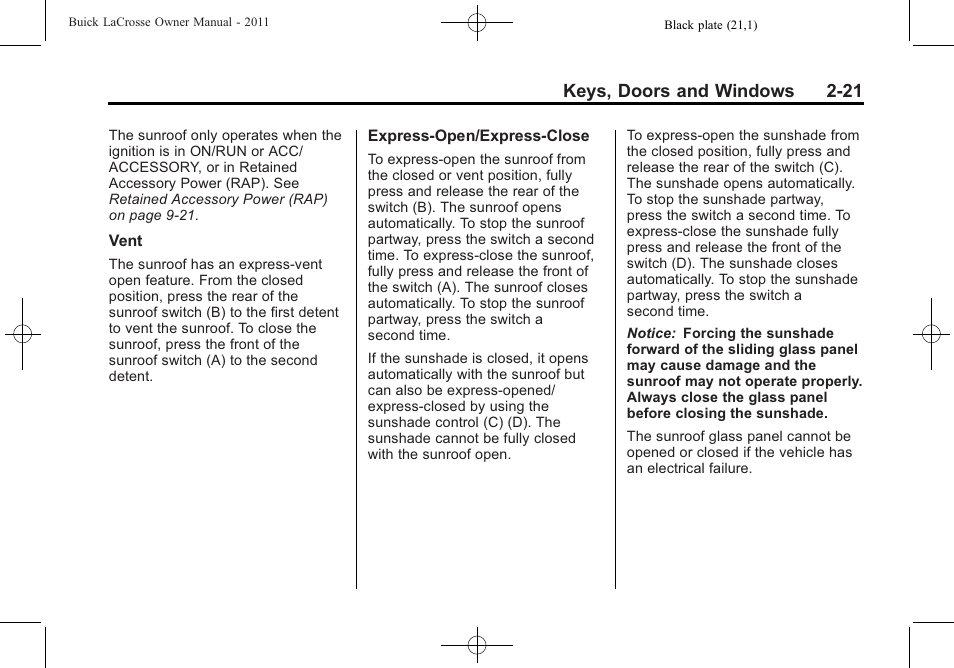 Keys, doors and windows 2-21 | Buick 2011 Lacrosse User Manual | Page 51 / 446