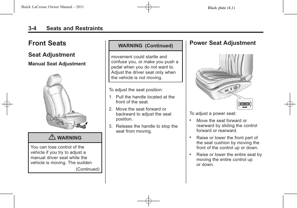 Front seats, Seat adjustment, Power seat adjustment | Front seats -4, Seat adjustment -4 power seat adjustment -4 | Buick 2011 Lacrosse User Manual | Page 56 / 446