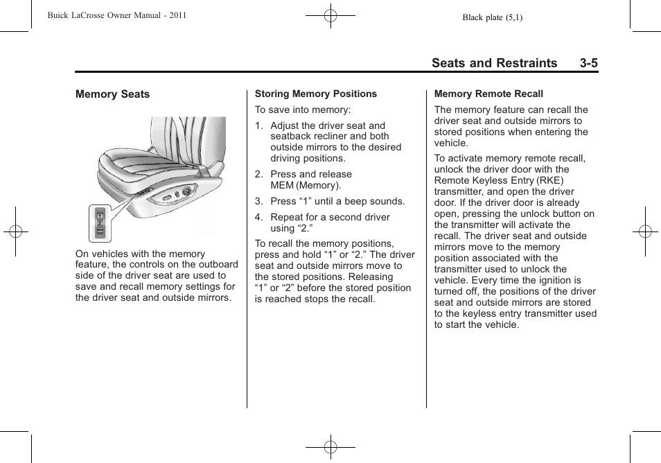 Seats and restraints 3-5 | Buick 2011 Lacrosse User Manual | Page 57 / 446