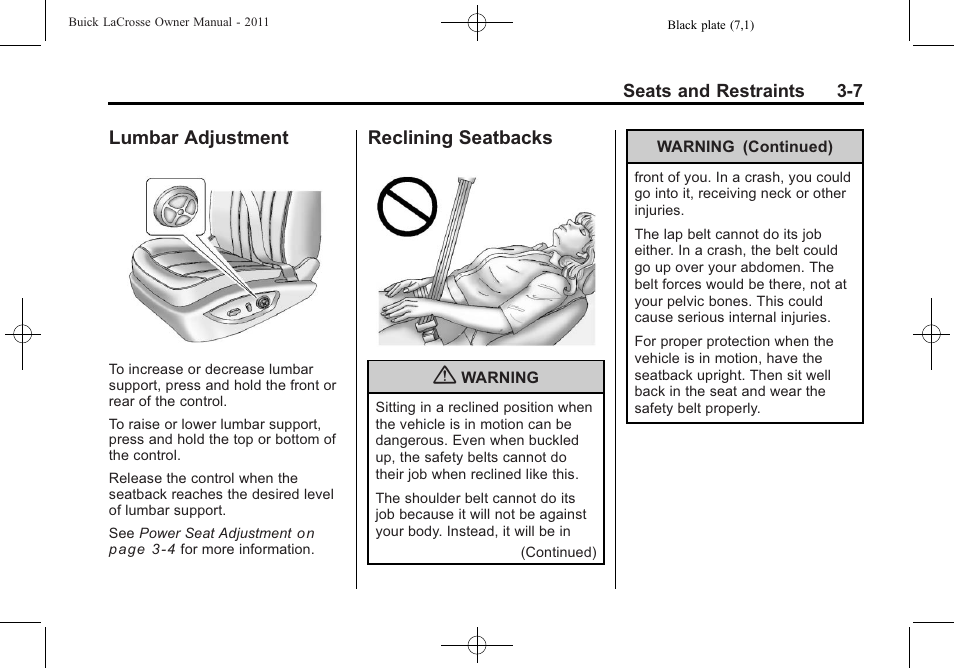 Lumbar adjustment, Reclining seatbacks, Lumbar adjustment -7 reclining seatbacks -7 | Safety | Buick 2011 Lacrosse User Manual | Page 59 / 446