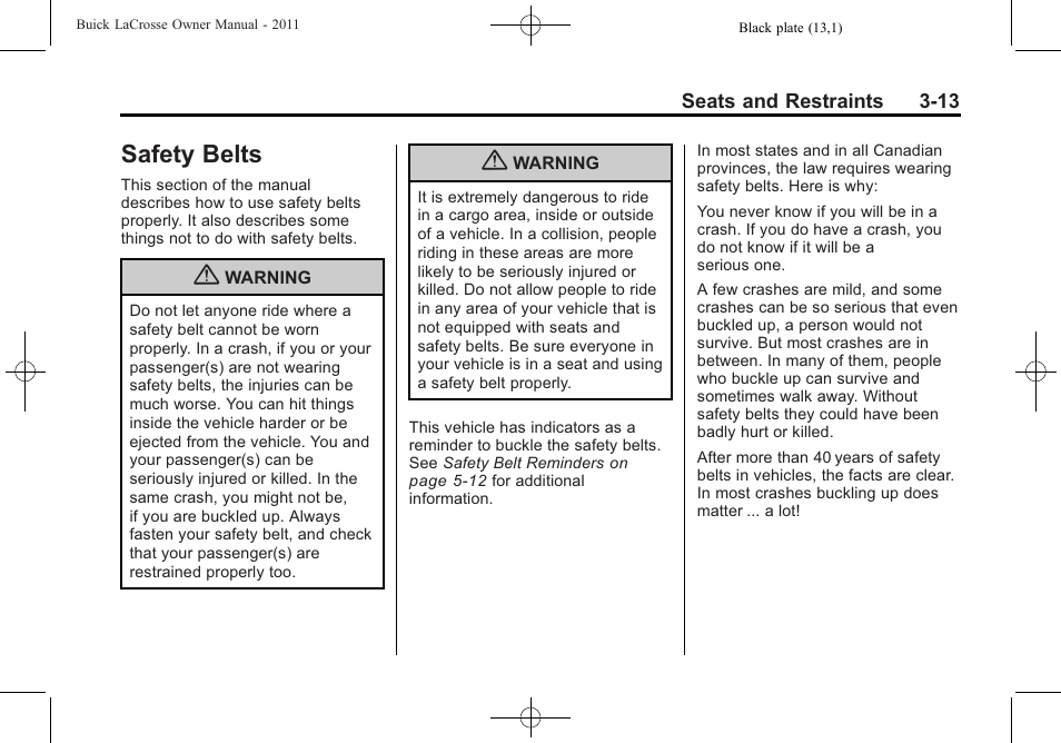 Safety belts, Safety belts -13 | Buick 2011 Lacrosse User Manual | Page 65 / 446