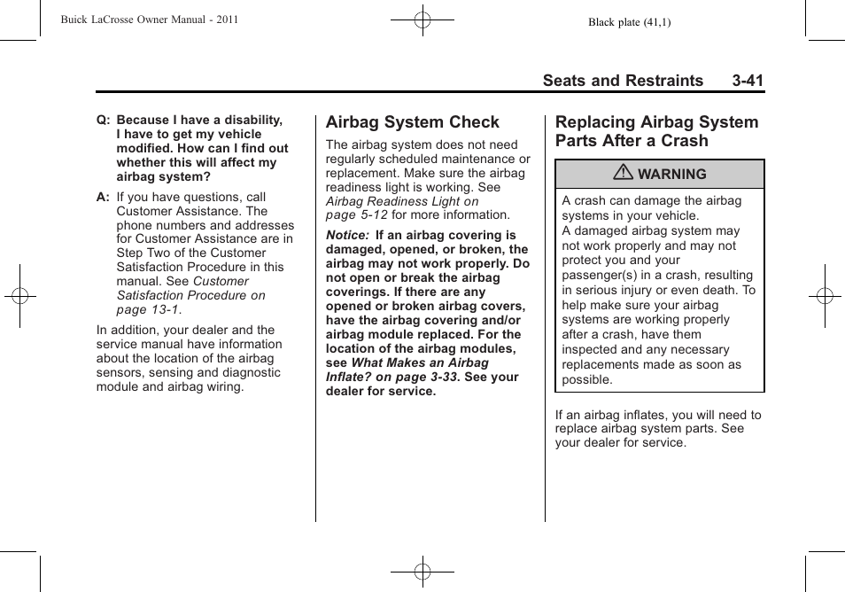 Airbag system check, Replacing airbag system parts after a crash, Airbag system check -41 replacing airbag system | Parts after a crash -41 | Buick 2011 Lacrosse User Manual | Page 93 / 446