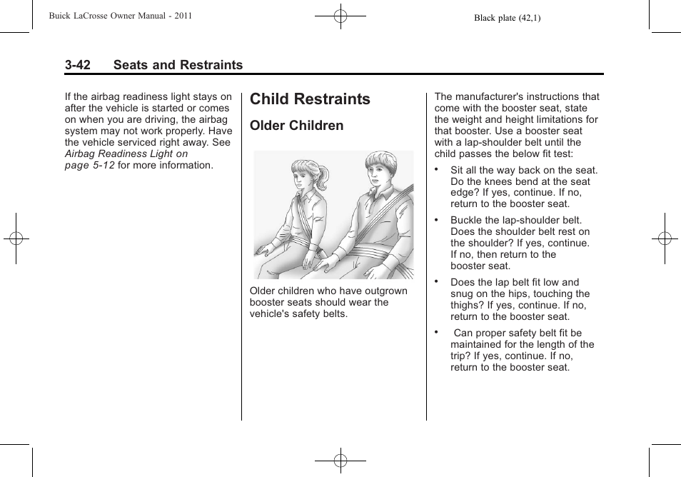 Child restraints, Older children, Child restraints -42 | Older children -42, 42 seats and restraints | Buick 2011 Lacrosse User Manual | Page 94 / 446