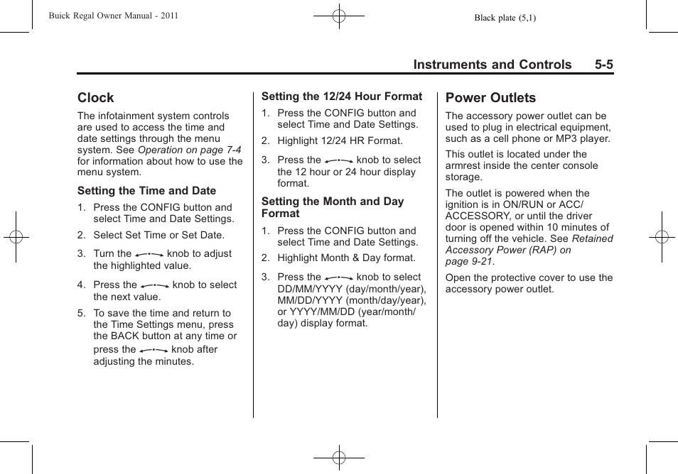 Clock, Power outlets, Clock -5 power outlets -5 | Ultrasonic | Buick REGAL 2011 User Manual | Page 113 / 368