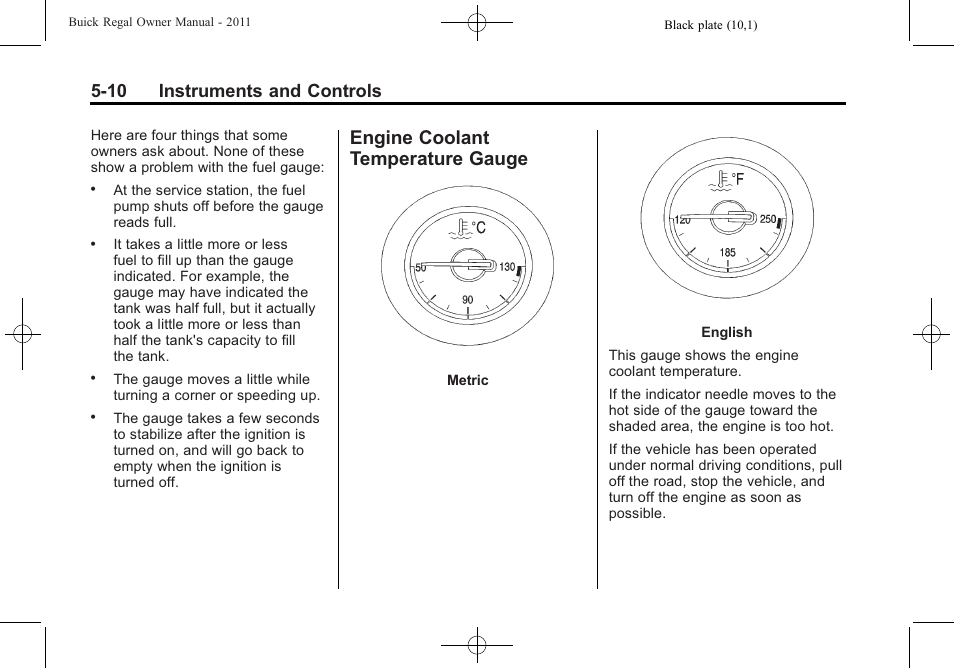 Engine coolant temperature gauge, Engine coolant temperature, Gauge -10 | 10 instruments and controls | Buick REGAL 2011 User Manual | Page 118 / 368