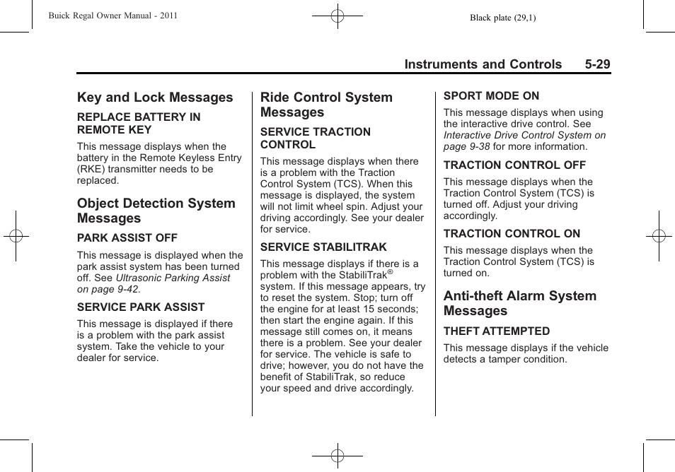 Key and lock messages, Object detection system messages, Ride control system messages | Anti-theft alarm system messages, Key and lock messages -29 object detection system, Messages -29, Ride control system, Anti-theft alarm system | Buick REGAL 2011 User Manual | Page 137 / 368