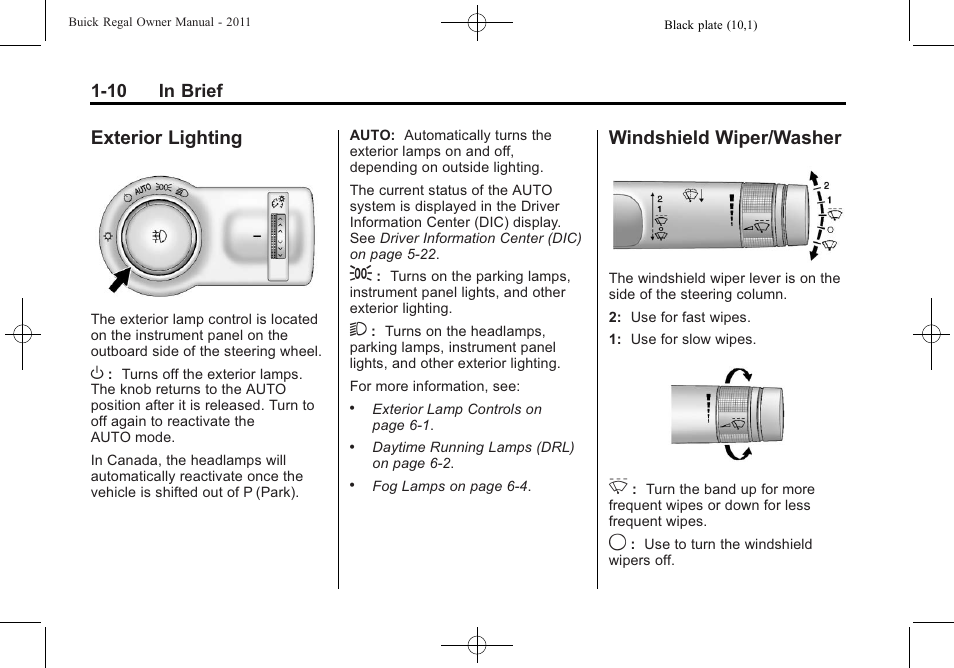 Exterior lighting, Windshield wiper/washer, Exterior lighting -10 windshield wiper/washer -10 | Buick REGAL 2011 User Manual | Page 14 / 368