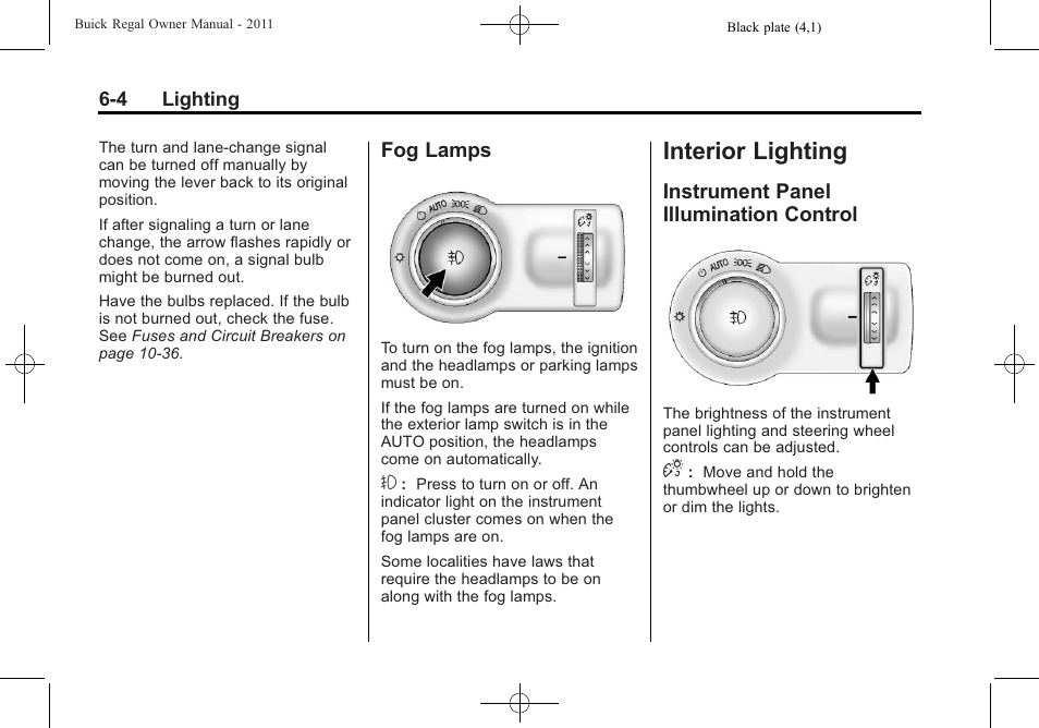 Fog lamps, Interior lighting, Instrument panel illumination control | Fog lamps -4, Instrument panel illumination, Control -4 | Buick REGAL 2011 User Manual | Page 148 / 368