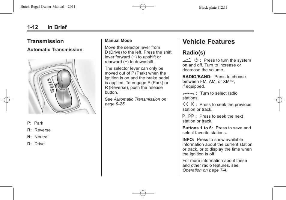 Transmission, Vehicle features, Radio(s) | Vehicle features -12, Rear seats, Transmission -12, Radio(s) -12, Radio(s) 3 o | Buick REGAL 2011 User Manual | Page 16 / 368