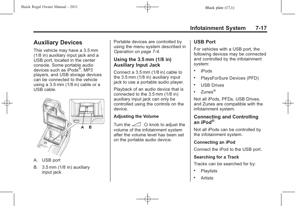 Auxiliary devices, Auxiliary devices -17, Infotainment system 7-17 | Buick REGAL 2011 User Manual | Page 167 / 368