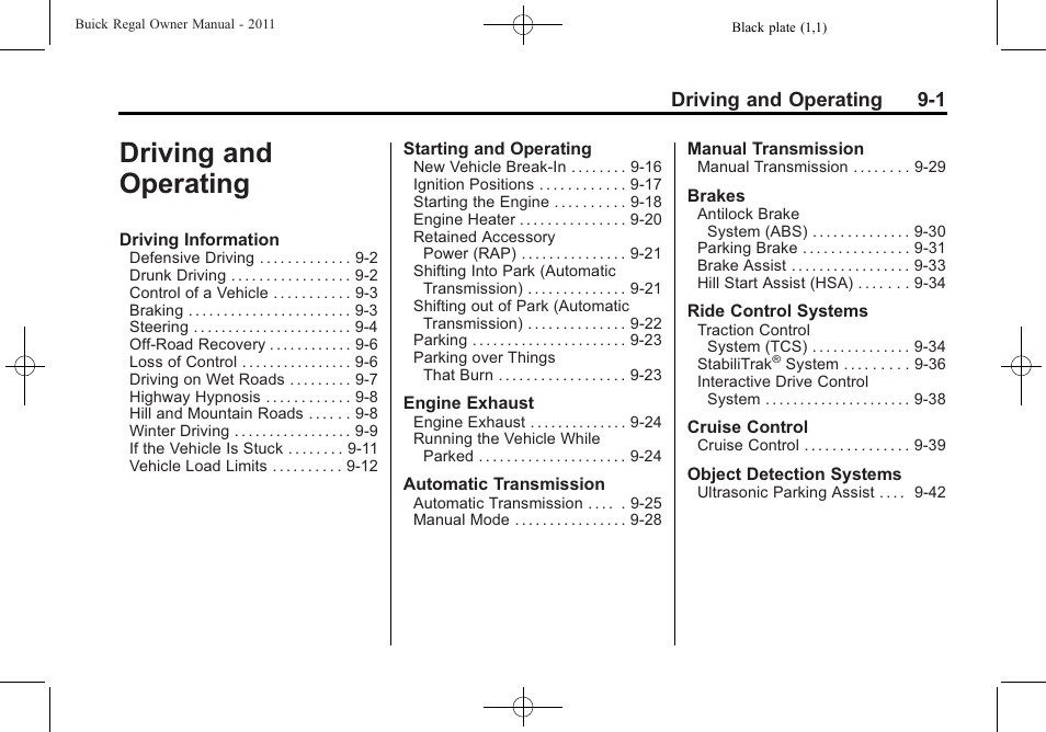 Driving and operating, Driving and operating -1, Driving and operating 9-1 | Buick REGAL 2011 User Manual | Page 191 / 368